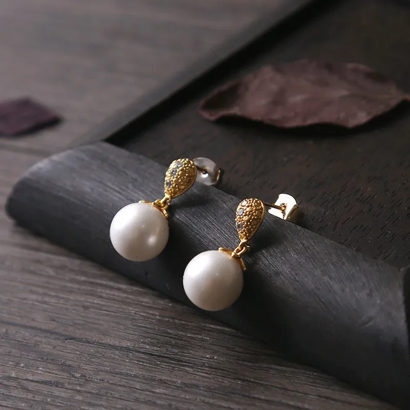

New Arrival Classic 925 Silver Gold Tones Stud Earrings for Woman inlay CZ Stones and White Round Freshwater Pearls for Gift