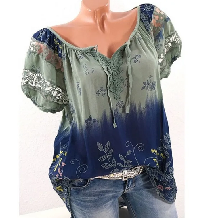 

ITFABS Summer Women's Boho Print Shirt Casual Short Sleeve Loose Shirt V-Neck Puff Sleeve Shirts
