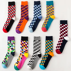Мужские носки Модные цветные хлопковые клетчатые геометрические полосатые Веселые Harajuku Хип-хоп уличные мужские повседневные носки