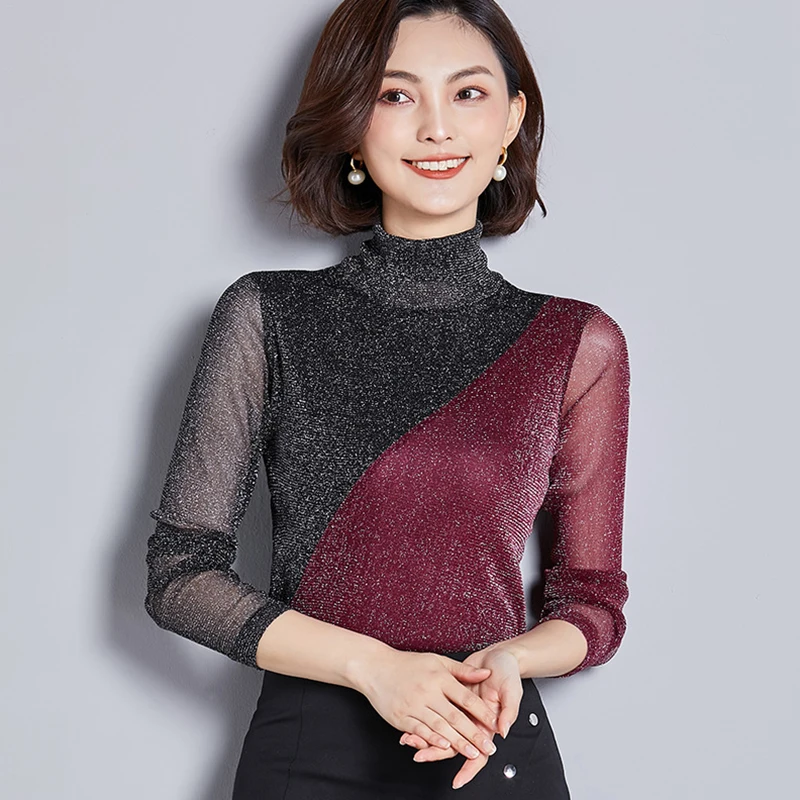 

Women High Collar Bottoming Shirt 2019 Spring New Bright Silk Mesh T-shirt Slim Thin Long Sleeve Fashion Tshirt Female HJ216