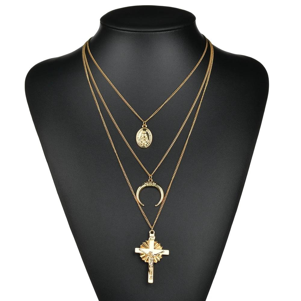Gold Color Cross Rose Pendants Neckalces For Women Girls Multi Layer Flower Choker Necklace Long Beaded Chain Moon Chokers | Украшения и