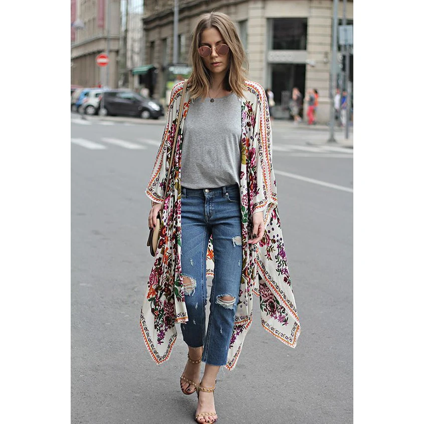 Женский пляжный кардиган Boho Свободный Топ с цветочным принтом и длинным рукавом