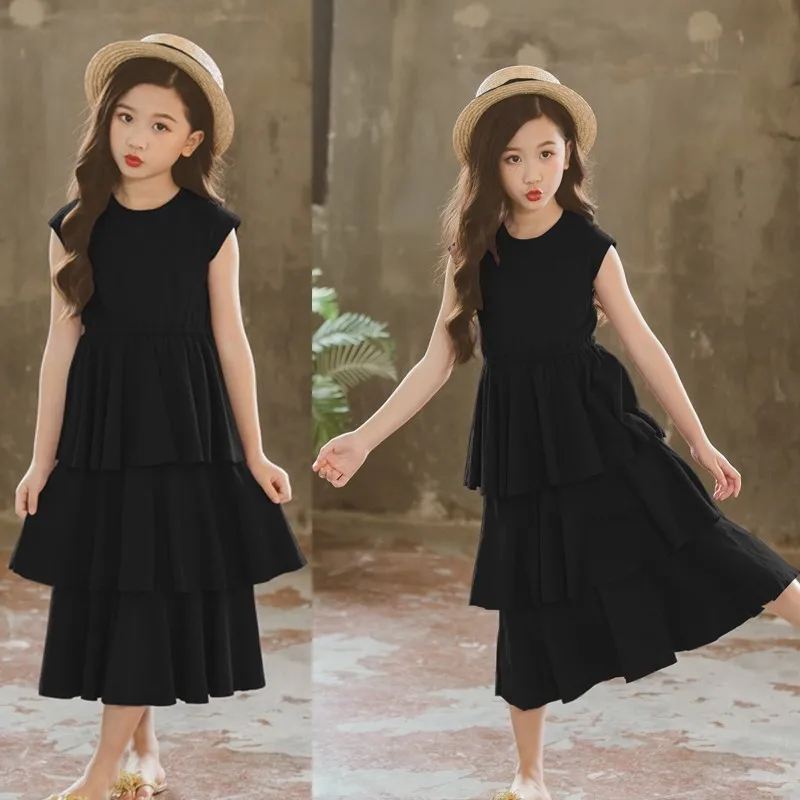 

Летние платья для маленьких девочек; Длинное черное платье принцессы с оборками; Школьная одежда без рукавов для девочек-подростков