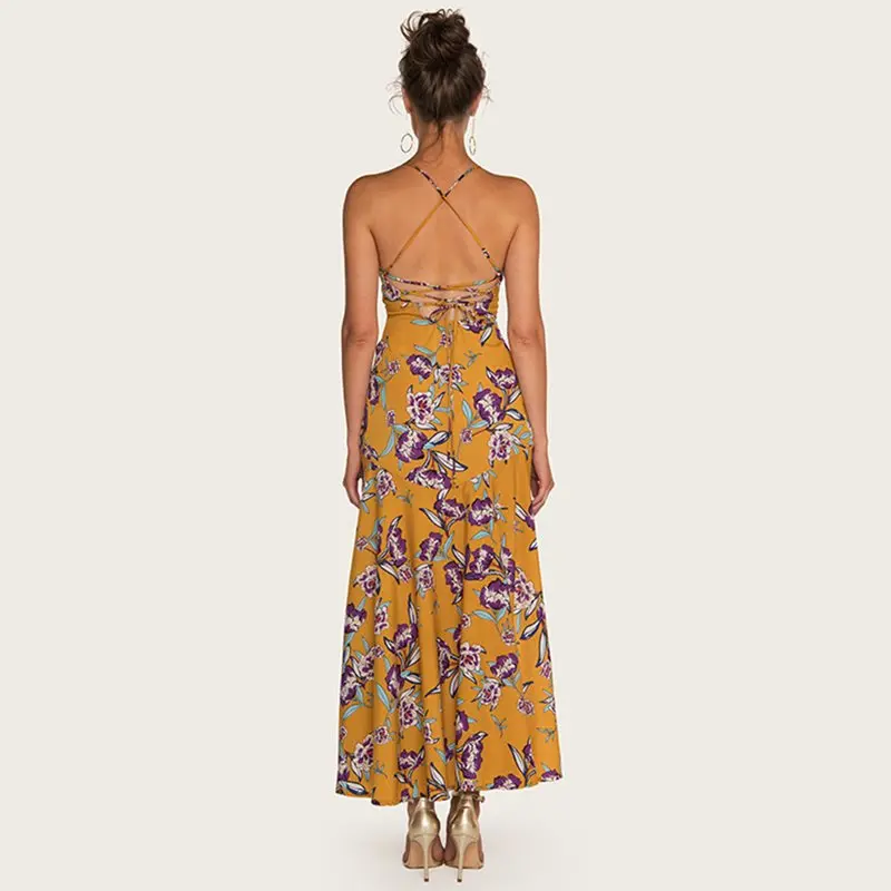 Boho Макси платье женское желтое шикарное модное уличное пляжное с рюшами и