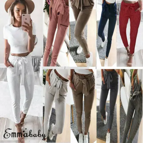 Женские повседневные брюки в полоску узкие карандаш с высокой талией и завязками