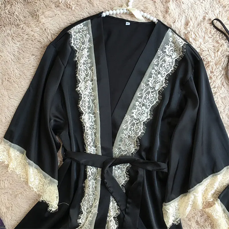 Women Sexy Silk 3Pcs Pajamas Sets Shorts Tops Pullover Solid Color Lace V Neck Sleepwear Satin Nightwear Lingerie Suit | Женская одежда
