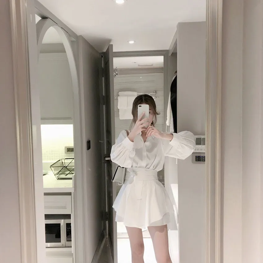 Женский комплект одежды белая длинная рубашка и шорты из 2 предметов блузка с