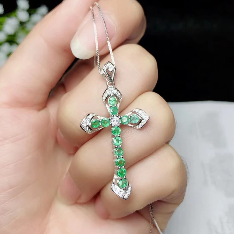 Vintage Style Silver Cross Pendant for Woman 12 Pcs Natural Emerald 925 Jewelry Birthday Gift | Украшения и аксессуары