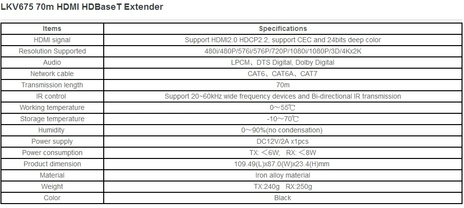 

LKV675 HDBaseT single network cable extender transmits HD signal up to 70meters over cat6 fluently and clearly