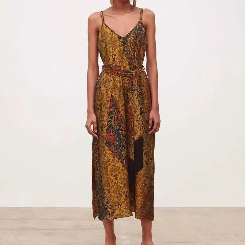 Женские платья на бретельках 2019 летняя новая одежда ретро вид принты пояса до