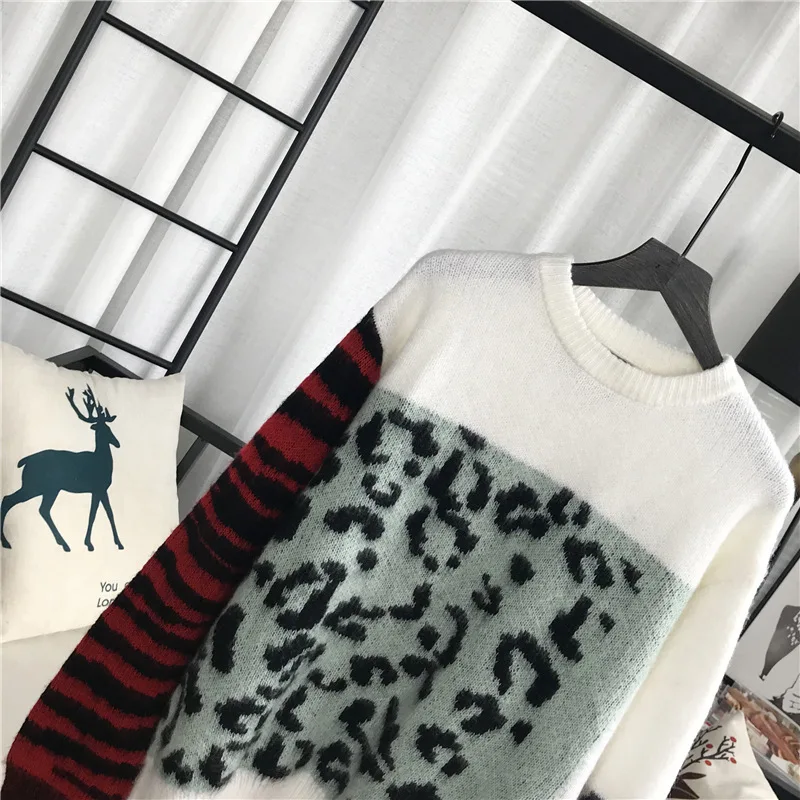 2018 зима Harajuku женские Лоскутные леопардовые вязаные свитера пуловеры для подиума