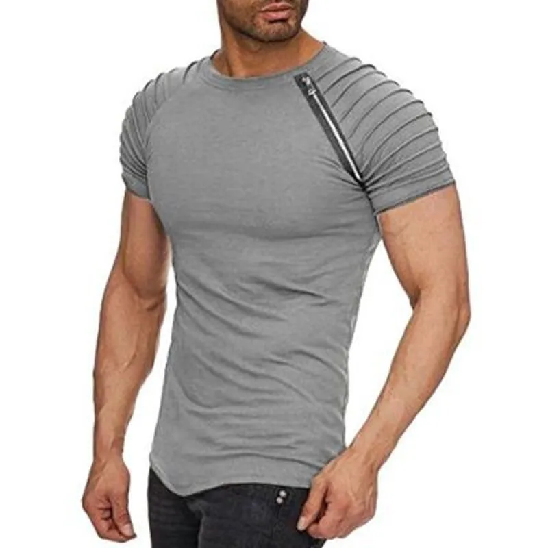 2022 Summer New T-shirt Men's Cotton Solid Plain O-Neck Short Sleeve Tees Striped Folds Slim Fashion Casual Tshirt Time Limited