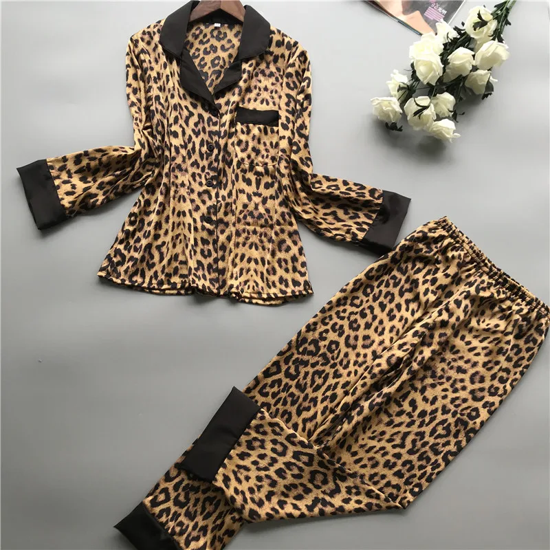 

Summer Women Pajamas Sets With Pants Silk Homewear Satin Leopard Print Sexy Pijama Long Sleeve Pyjamas Thin Sleepwear