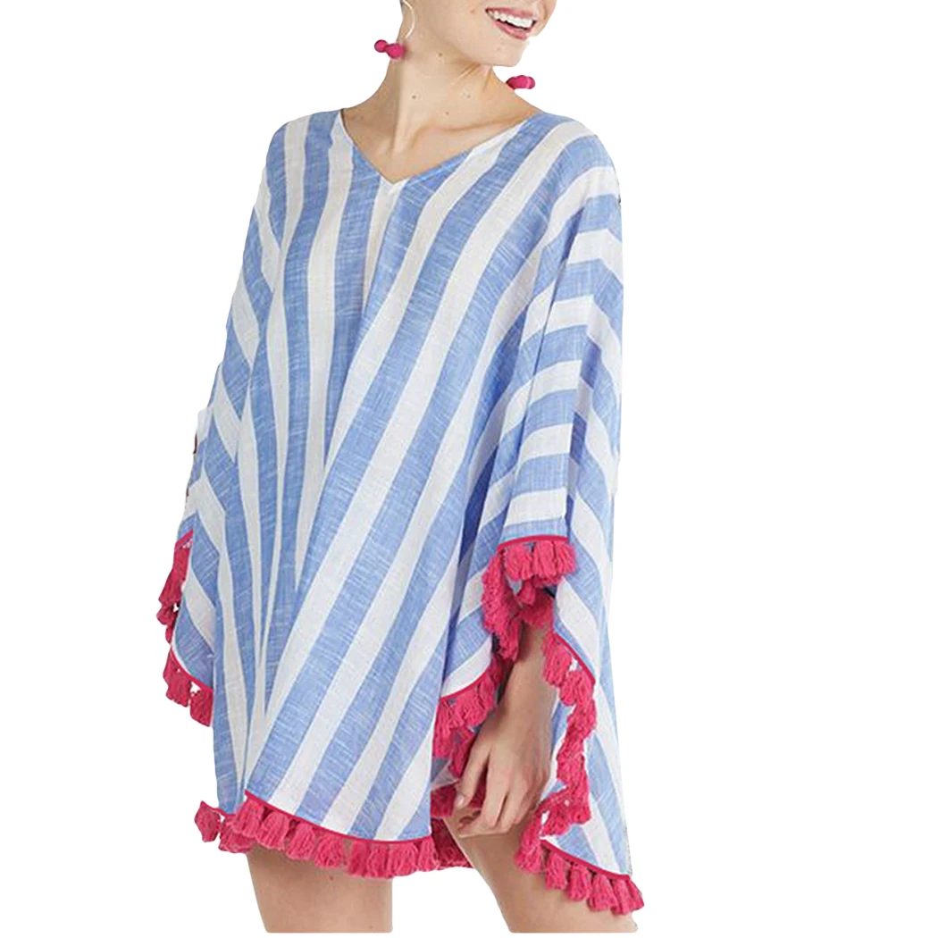 Летняя женская полосатая футболка с кисточками Женская Бохо накидка Блузка