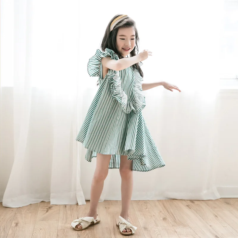 Summer Big Girls Ruffle Short Sleeve Loose Dress Stripe Cotton Fashion Kids Party costume 4-14 Yrs Teenager girl Princess Frocks | Детская