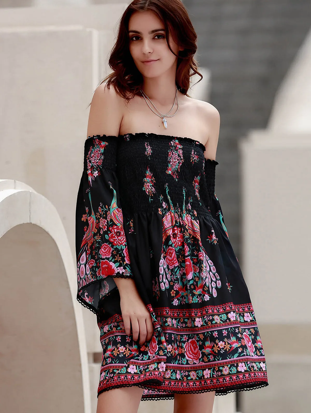 COSMERA Для женщин богемные платья Пляжные платье сладкий Off The Shoulder с принтом и