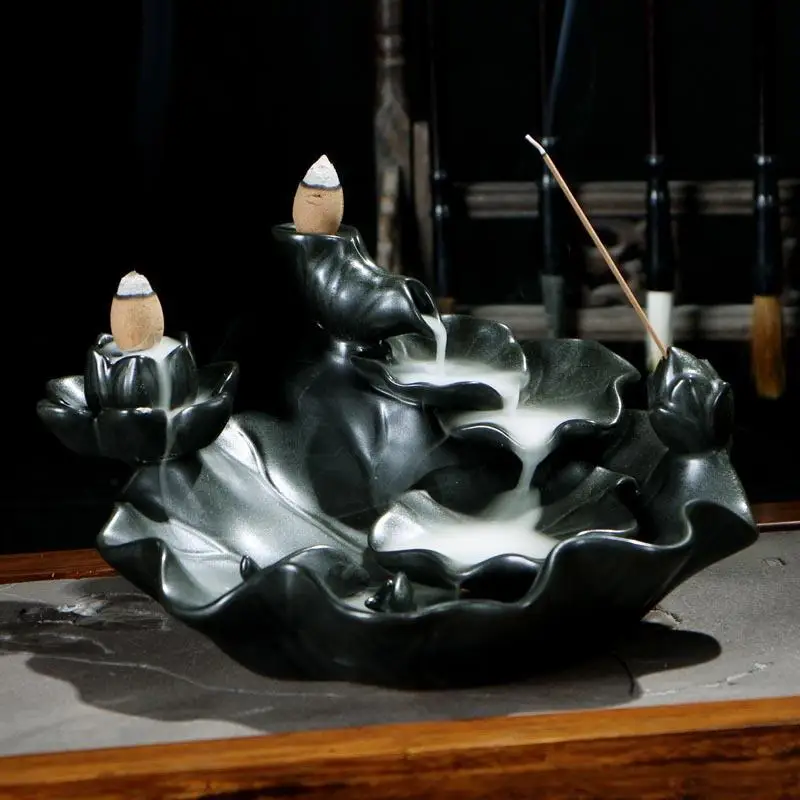 Lotus Leaf Backflow Incense Holder Smoke Waterfall Burner Ceramic Censer Mountain River Handicraft | Дом и сад