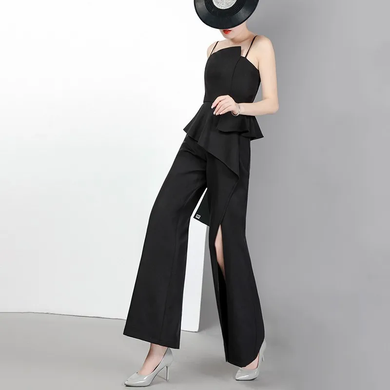 TWOTWINSTYLE Summer Sleeveless Slim Jumpsuit For Women High Waist Irregular Ruffles Split Chiffon Wide Leg Pants Female New 2020 | Женская