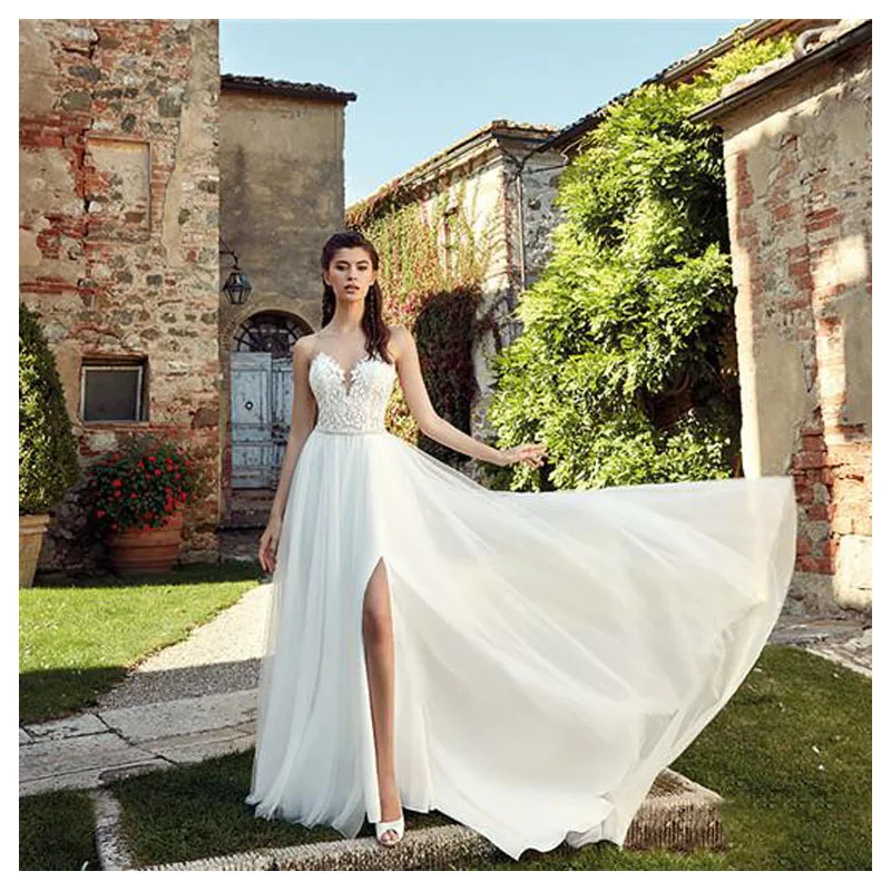 

Eightale Boho Wedding Dress 2019 Appliqued Sexy See Through Neck Tulle A-line Sexy Backless Beach Bride Dress Sexy Wedding Gown