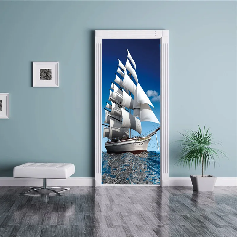

Door Stickers Sea Sailboat Waterproof Living Room Bedroom Door Wallpaper Self Adhesive Art Wall Decals Imitation Wall Sticker