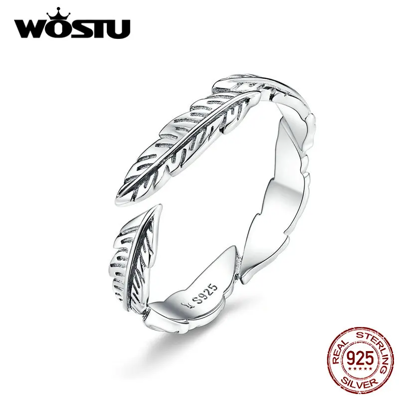 Женские Классические кольца с перьями WOSTU регулируемые из 100% настоящего серебра