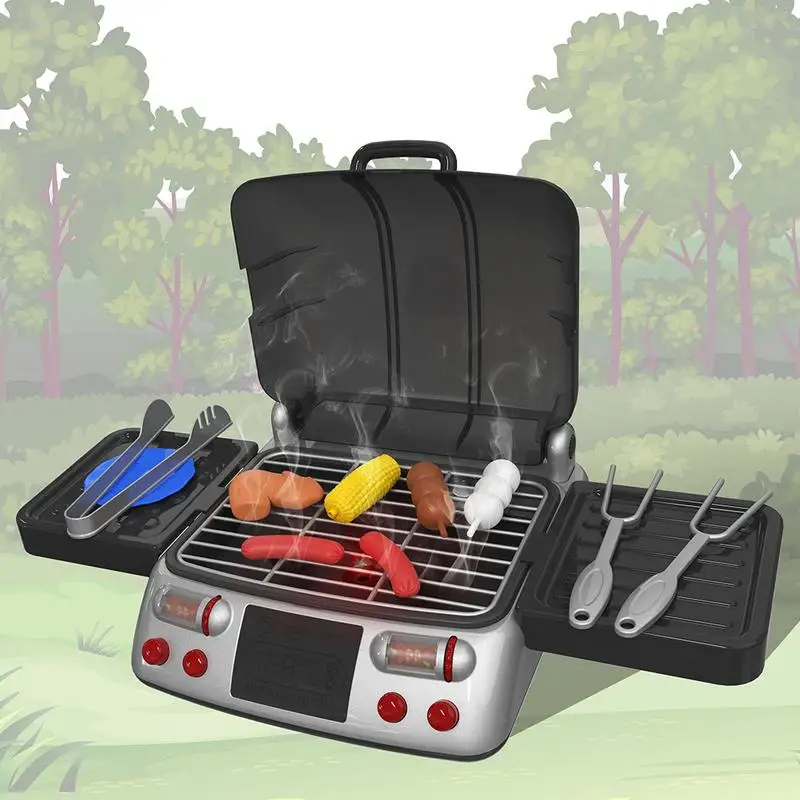 

19 Pieces Set Electric Grill Pretend Play Toy Simulated Kitchen Barbecue Food Cooking Set With Light and Sound