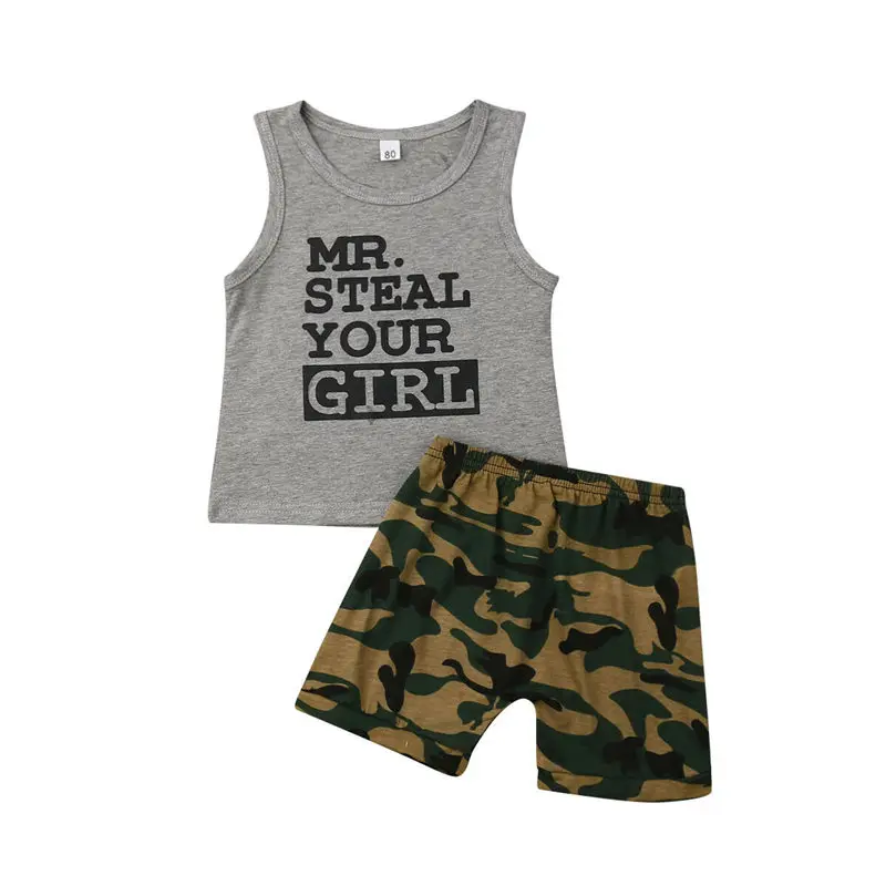 

2019 Baby Boy Clothes Set Newborn Kids Camo Outfit Summer Letter Vest+Camo Shorts Infant Toddler Boy Clothing 2pcs 0-24M