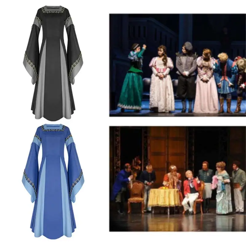 Ретро платье с квадратным воротником и длинными расклешенными рукавами