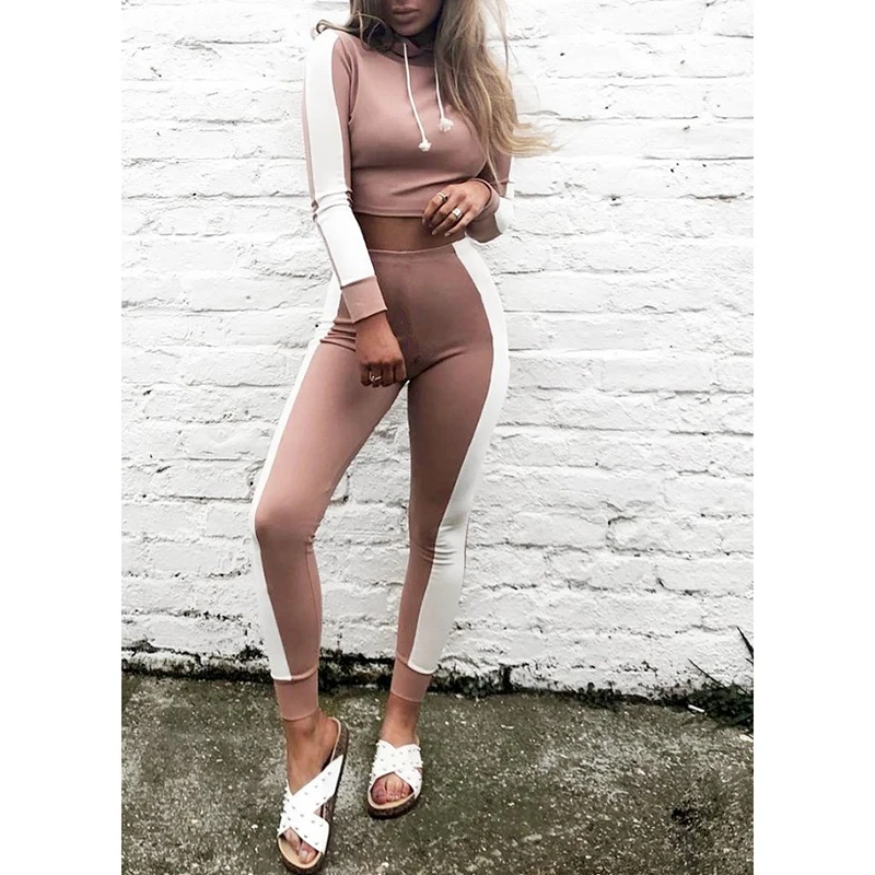 Women Tracksuit Hoodies long sleeves Crop Top Sweatshirt and Side Stripe Pants Hooded 2 Pieces Sets Suits Female | Женская одежда