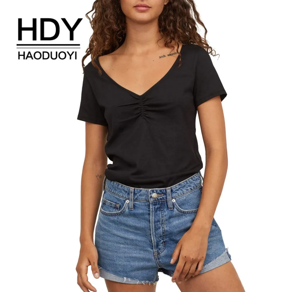 HDY HAODUOYI Новая летняя футболка для девочек черная плиссированная с глубоким