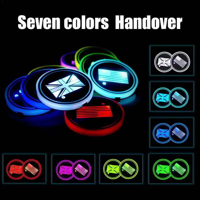 2PCS Car LED Light Coaster Anti-slip Cup Mat Flag Pattern Colorful Pad Smart Atmosphere Non-Slip | Автомобили и мотоциклы