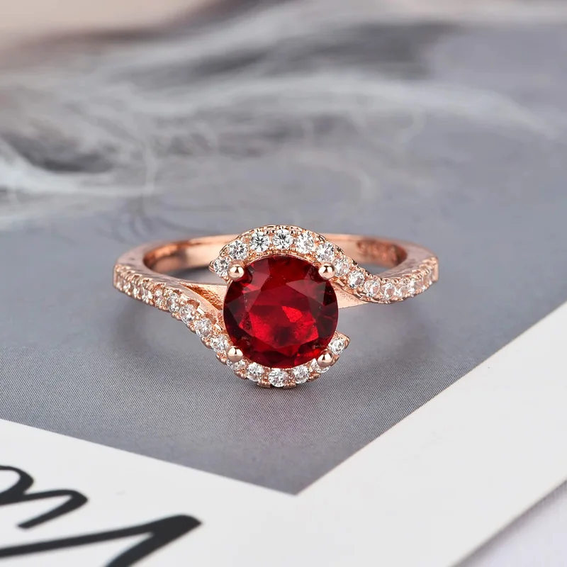 

Huitan Classis Wedding Anniversary Ring with Red Cubic Zircon Prong Setting Rose Gold Color Luxury Jewelry Women Fashion Rings