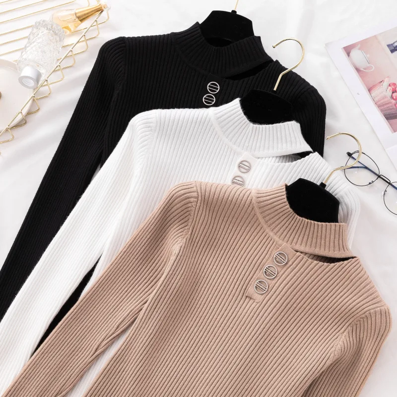 Kawaii Round Neck Women Knitting Sweater Long Sleeve Black White Knitted Sweaters And Pullovers Sueter Mujer Tops | Женская одежда