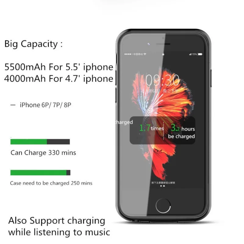 5500 мАч зарядное устройство чехол для iPhone 6 7 8 6s plus аккумулятора ультра тонкий