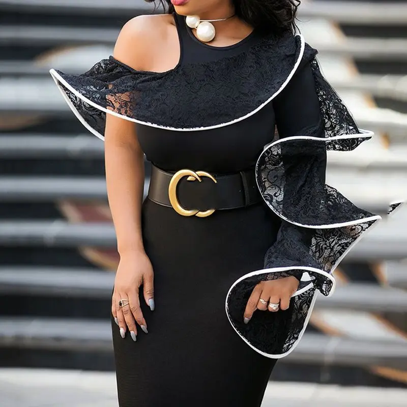 Черное облегающее платье женское 2019 летнее кружевное на одно плечо с оборкой