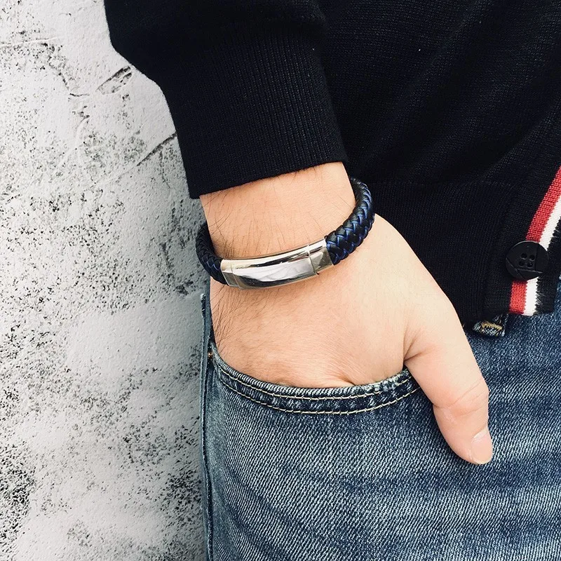Стильные мужские браслеты с плетеной синей и черной натуральной кожей pulseira masculina
