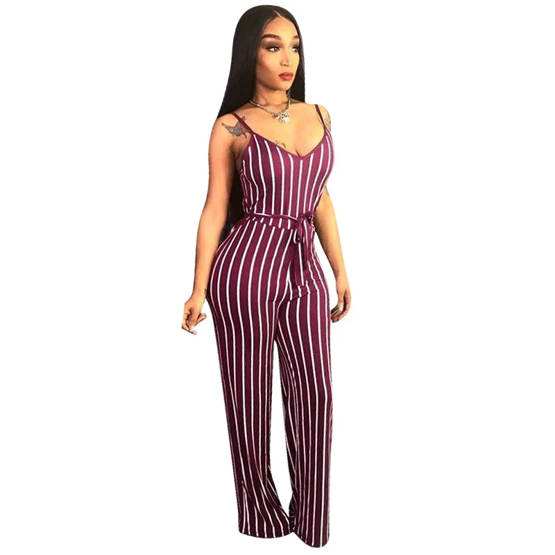 Женский комбинезон на бретельках без рукавов с завышенной талией в полоску