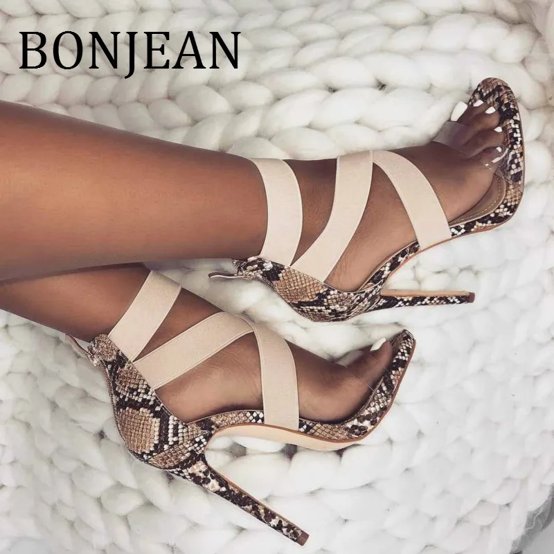 

BONJEAN Thin High Heels Sandals 2019 Pointed Toe Summer Shoes for Women Super High Fashion Pumps Ankle Strap Flock Shoes BJ1323