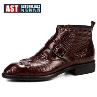 hot sale crocodile grain boots men full grain leather buckle belt office shoes zip retro pointed toe winter man boots