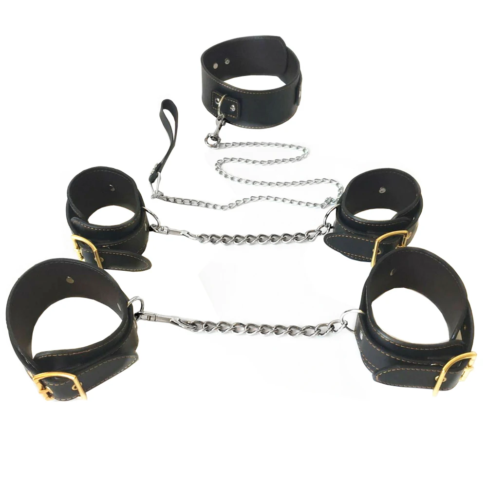 

Black emperor SM leather high quality handcuffs feet handcuffs collar three pieces of binding binding black leather toys sex