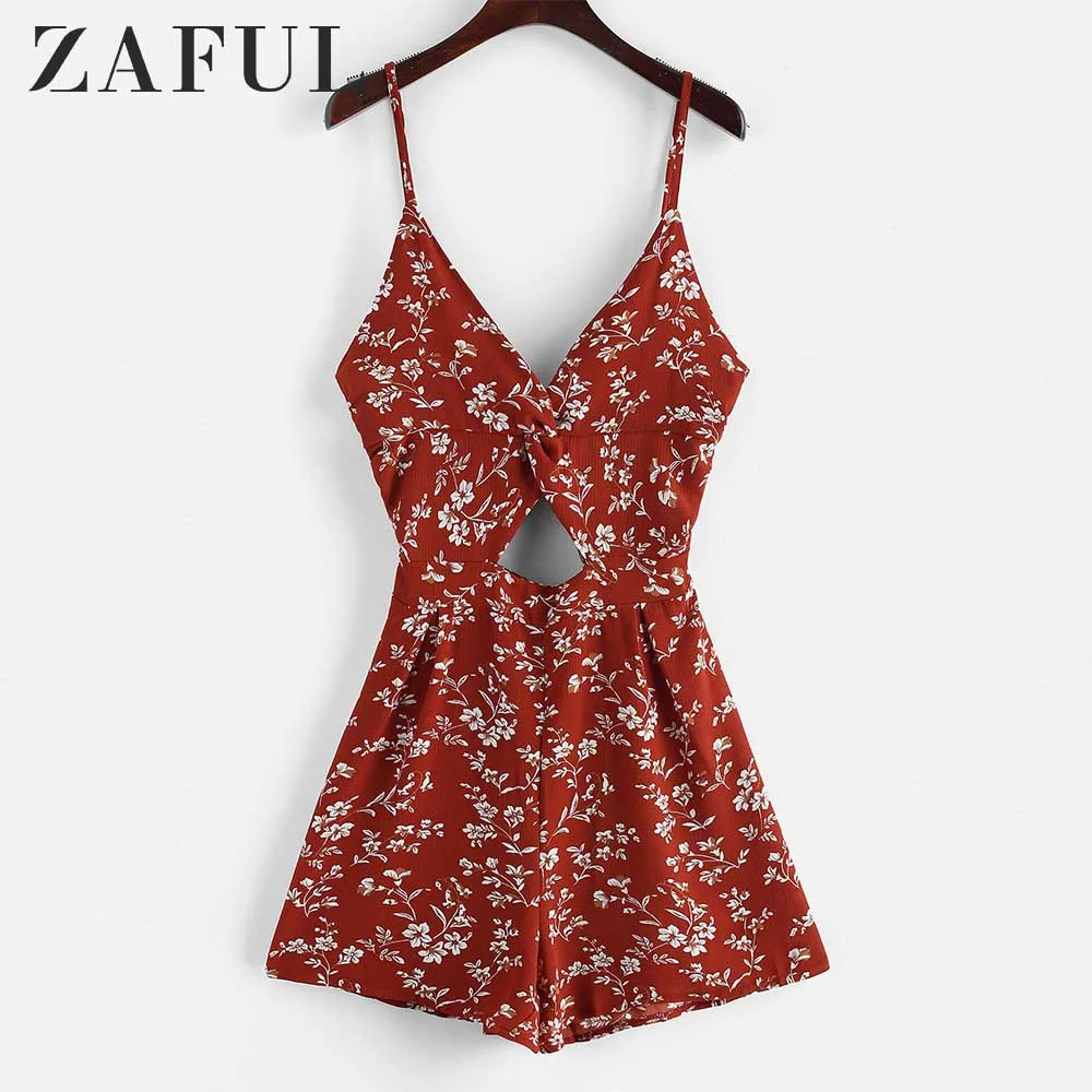 ZAFUL Твист Цветочный Вырез Ками Romper Женщины Каникулы Без Рукавов Тонкий Ремень