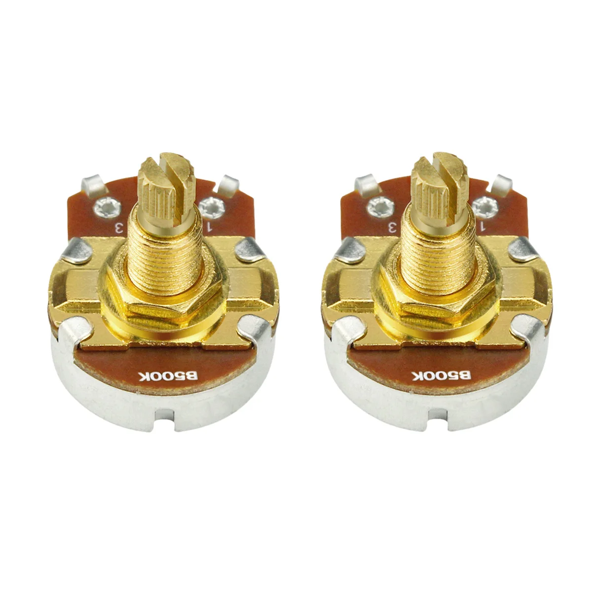 

FLEOR 2pcs Linear Taper Bass Guitar Potentiometer B500K Long Shaft Pots Gold
