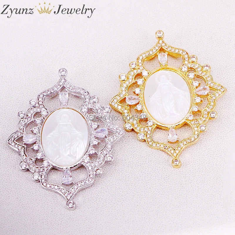 5 нитей ZYZ323 8697 CZ micro Pave Oval Mary Jesus MOP shell Focal ожерелье Белый Золотой/Серебряный цвет