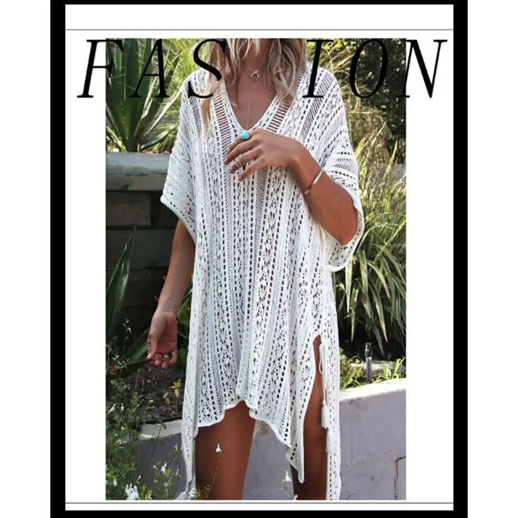Women Casual Hollow V Neck Short Sleeve Knit Out Solid All Seasons Blouse Beach Cover Long Up |