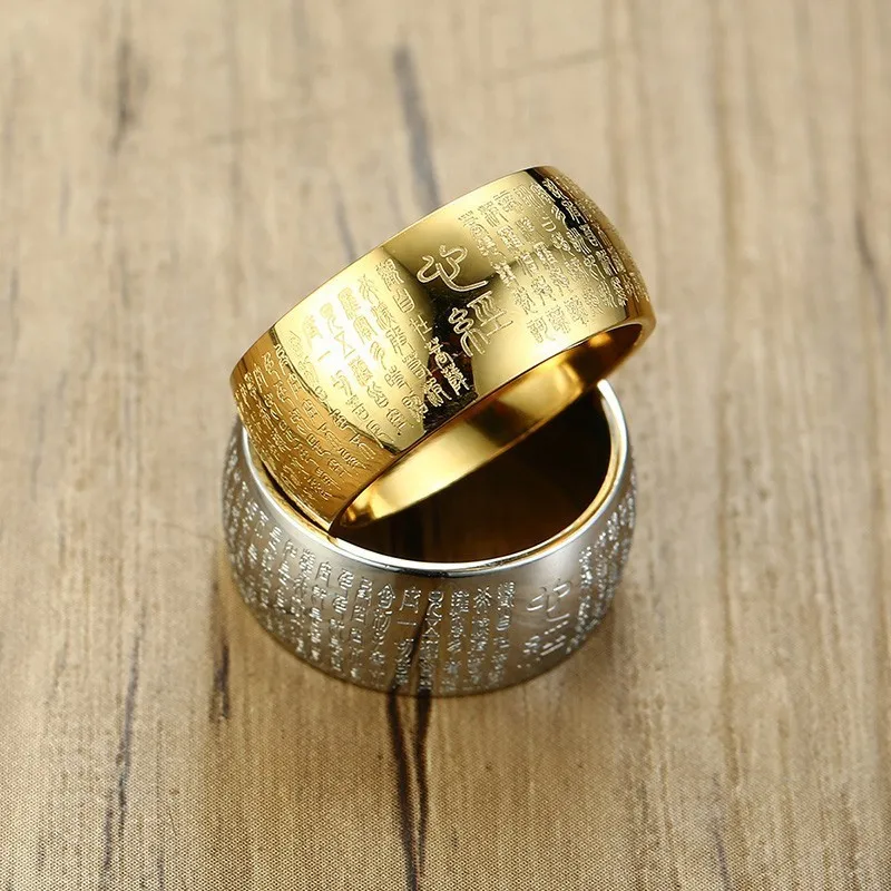 10mm Golden Ring For Men Stainlesss Steel Engraved Matra Buddhist Spiritual Jewelry Buddhism Gifts | Украшения и аксессуары