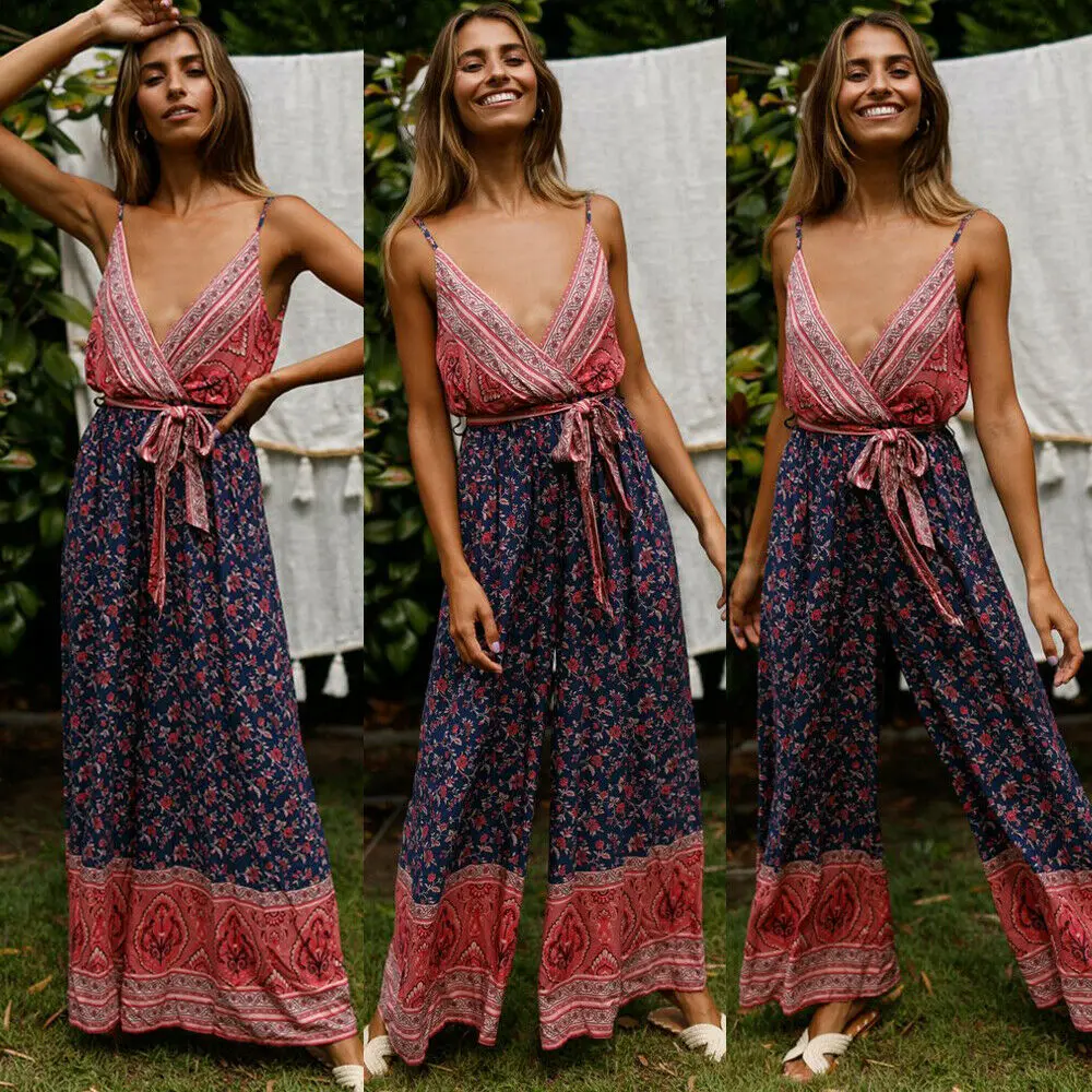 Женский комбинезон с v-образным вырезом повседневный без рукавов широкие брюки