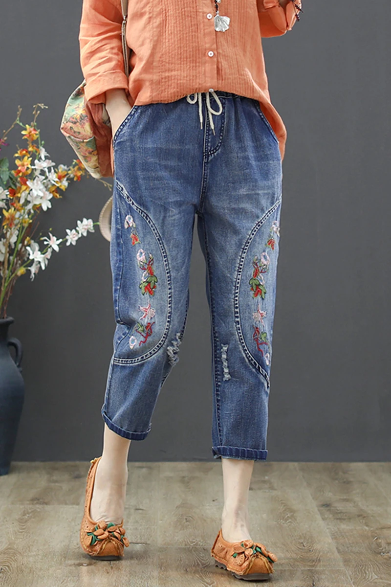 

Spring Summer High Waist Jeans Woman Ripped Jeans Women Vintage Floral Embroidered Harem Denim Pant Cotton Pantalon Femme