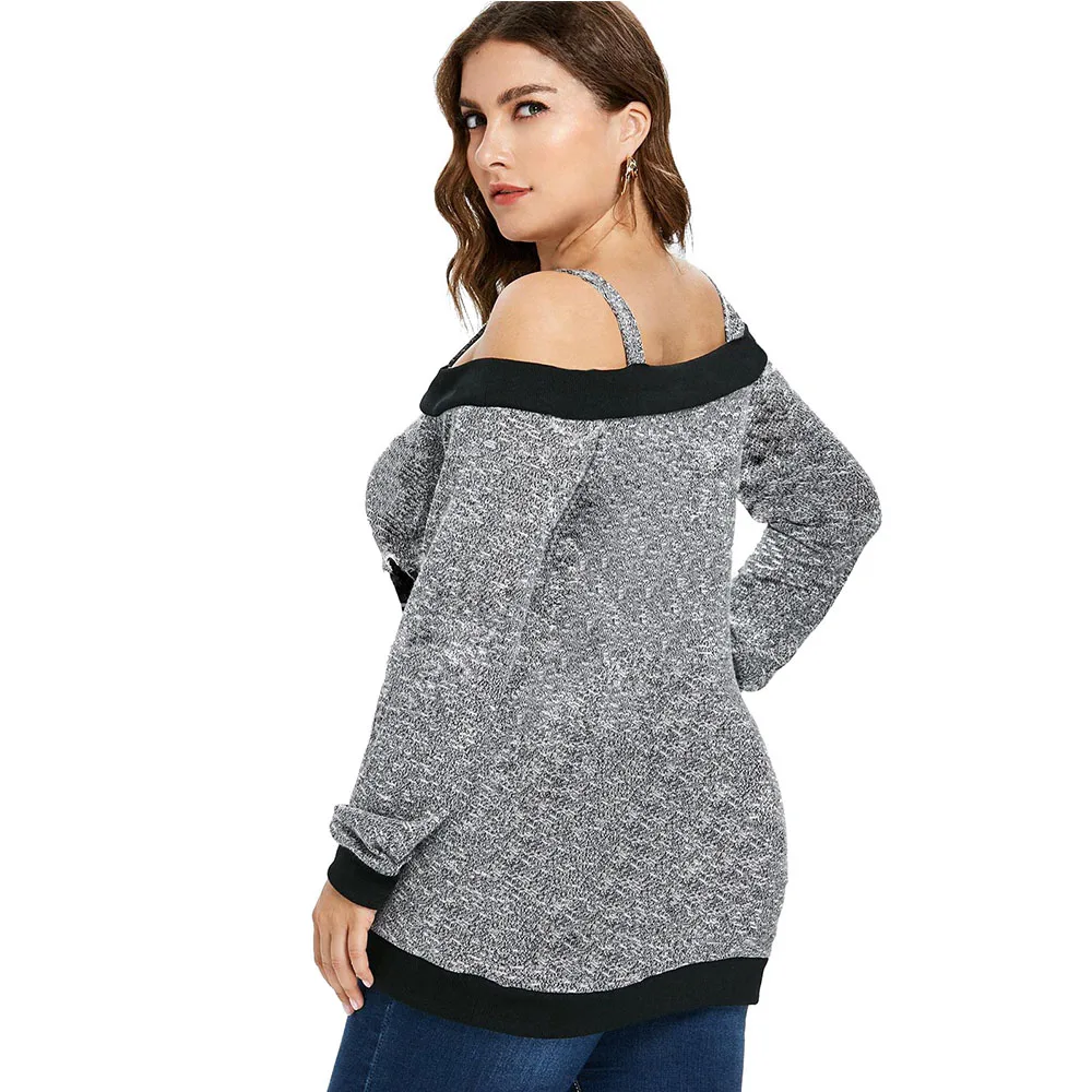 Wipalo Plus Size Spaghetti Strap Cold Shoulder Long Sleeves T-Shirt Women Casual Solid Weaving Tie Top Spring Fall Clothing 5XL | Женская