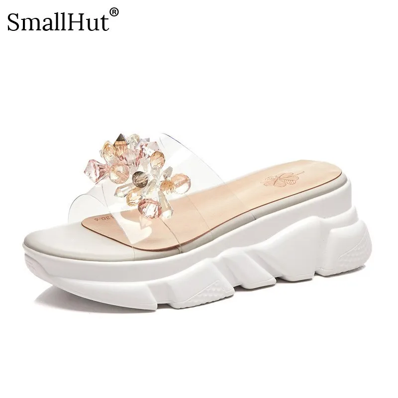 Женские прозрачные шлепанцы на плоской платформе сезон лето модная женская