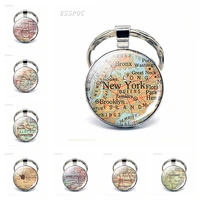 american cities map glass pendant keychain new york new orleans chicago tulsa fashion souvenir keyring jewelry gift for traveler